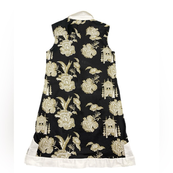 Tizzie Mini Dress Small Sleeveless Chinoiserie Black, Khaki White Trim Pockets - Picture 4 of 9